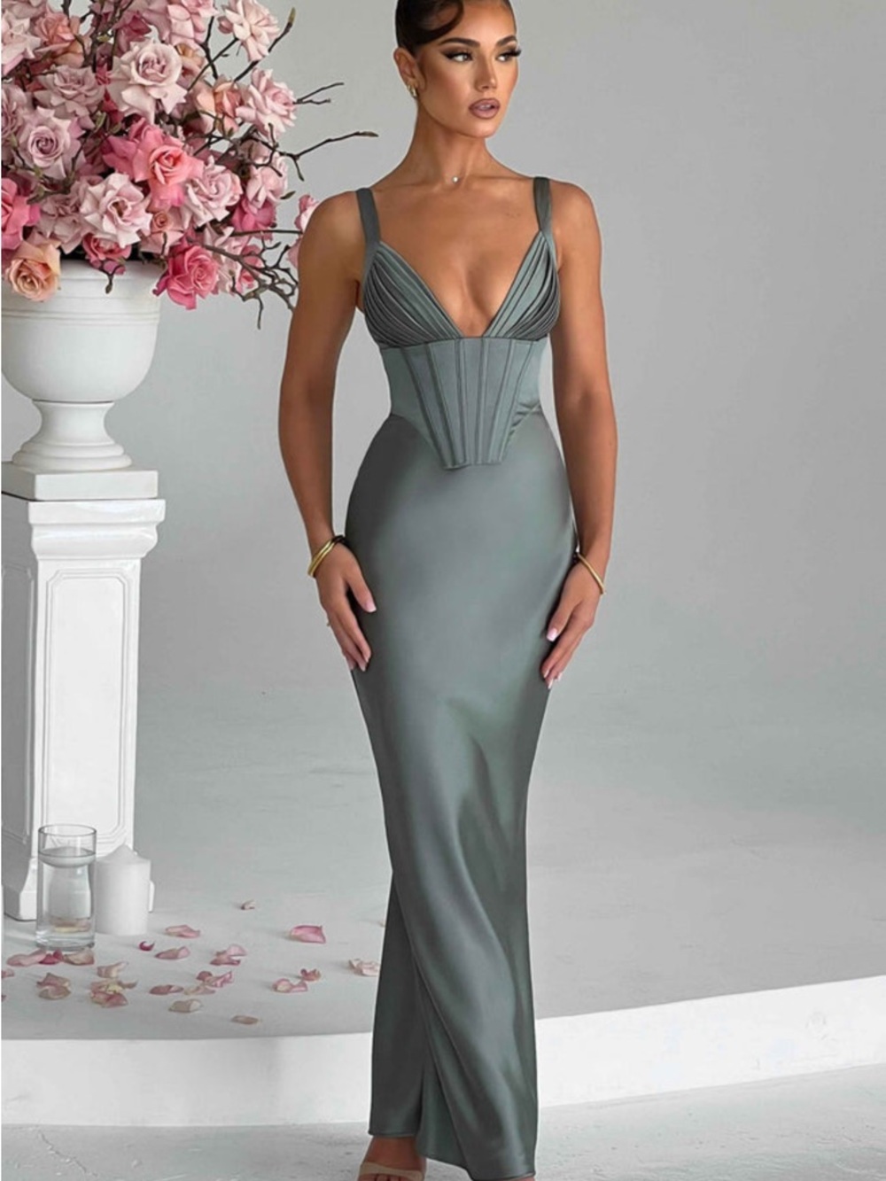 Sculpted Corset Maxi Dress in Sage Green